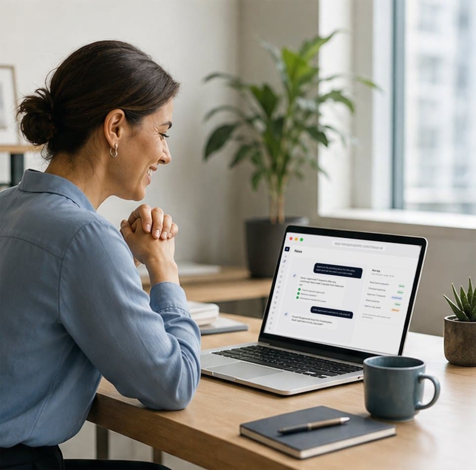 HR manager working with an AI assistant on a laptop