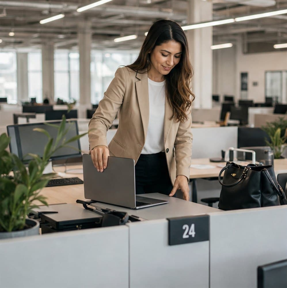 Professional arriving at a hot desk in a modern open office