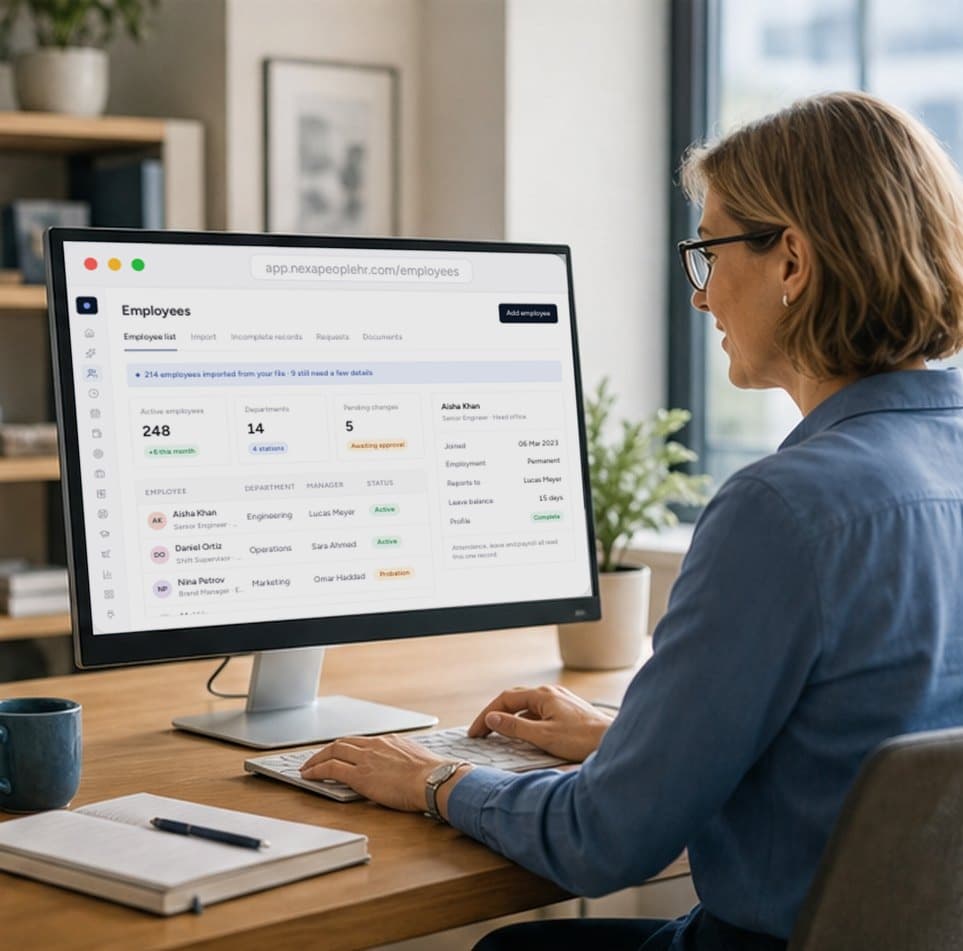 HR administrator reviewing an employee profile on a large monitor