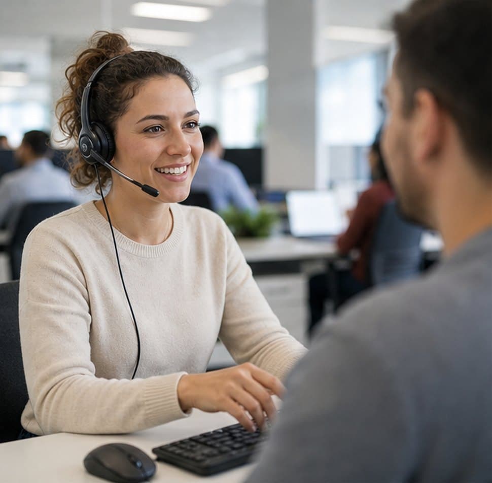 HR help desk team member helping an employee in an open office