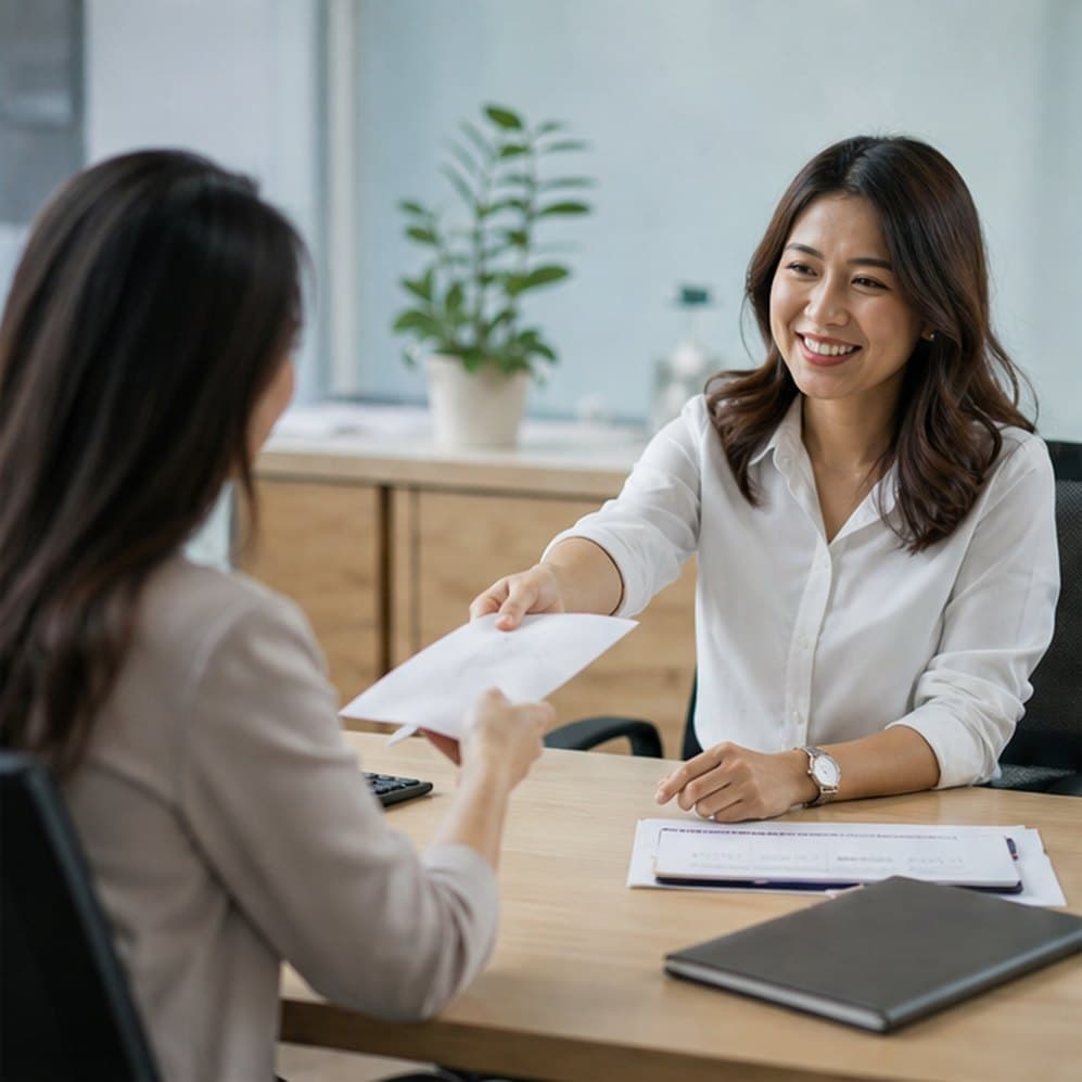 HR officer handing a printed letter to an employee