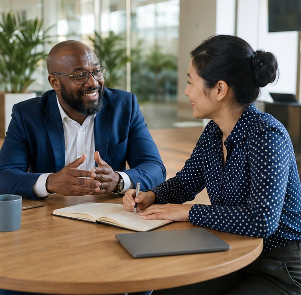 Manager and team member in a one-to-one review conversation