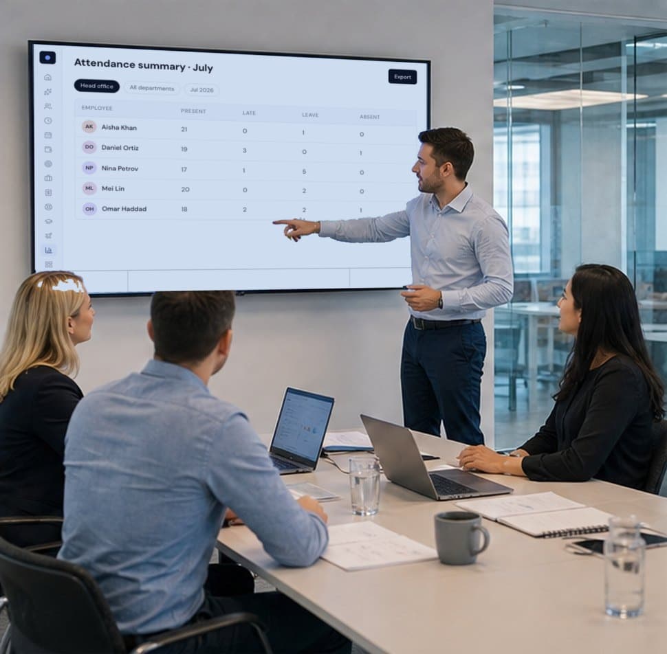 Leadership team reviewing charts on a large screen