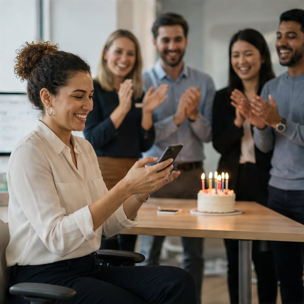 HR coordinator smiling at a notification during a team birthday celebration