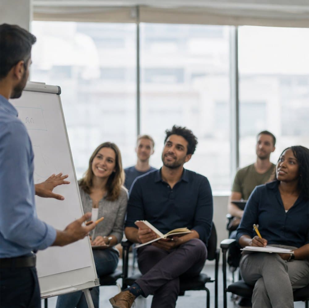 Small group in a training room listening to a trainer