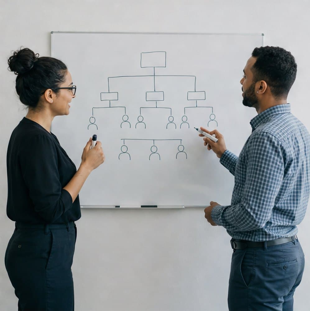 Two managers planning headcount at a whiteboard