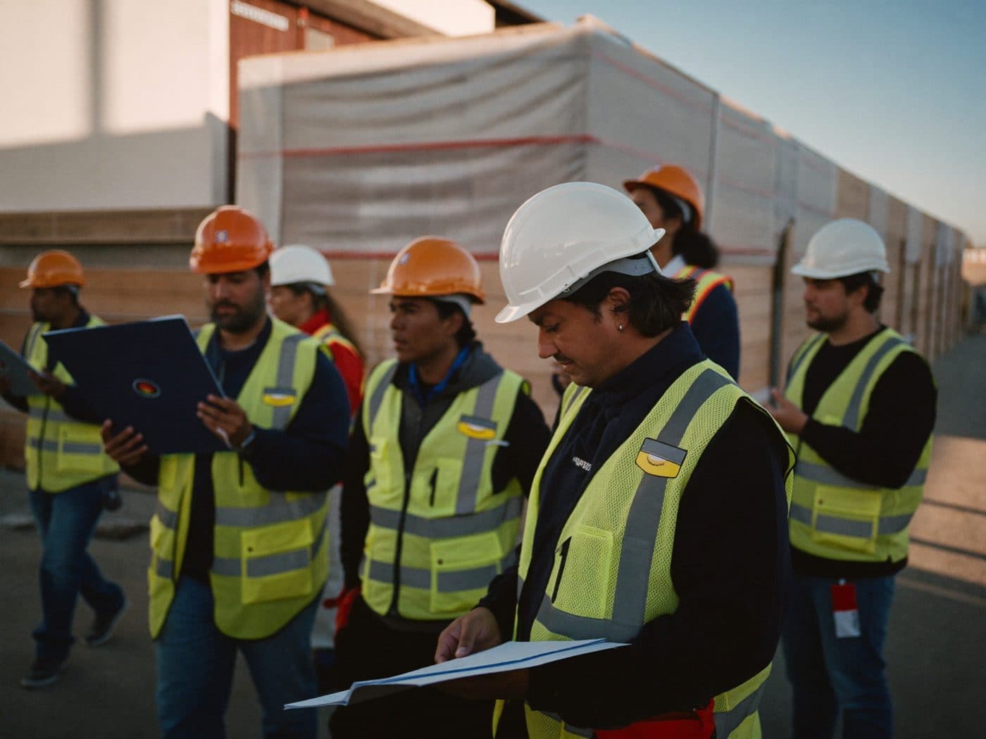 Construction crew reviewing building plans together on site